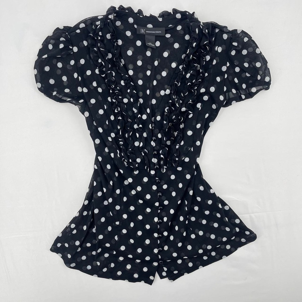 Y2K Polka Dot Ruffle Top Blouse XL Sheer Office Siren Twee Coquette Academia